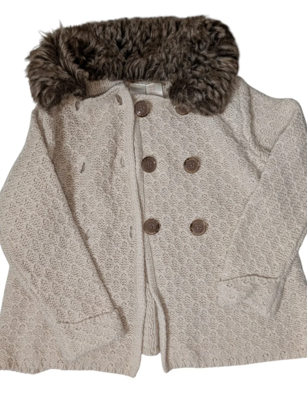 Strawberry Faire Cream Knit Peacoat with Faux Fur Collar 2T